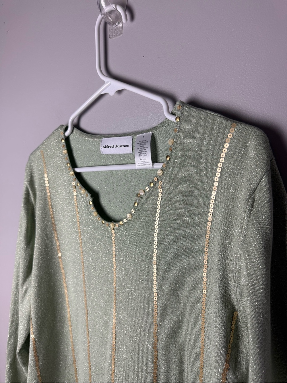 Alfred Dunner Women’s Green Metallic Gold Beaded Sequined Long Sleeve Top SZ L
